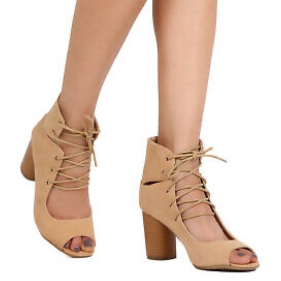 Boutique Shoes - Sand Lace Up Gladiator Peep Toe Block Heel Booties